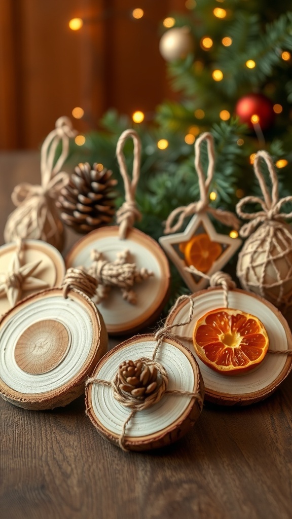 Rustic Christmas ornaments made from wood slices, twine, and natural decorations on a wooden table.